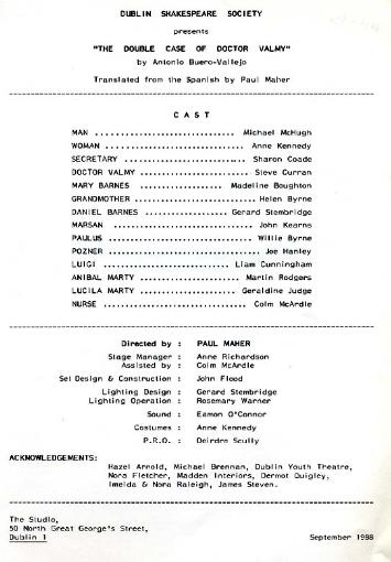 Programme from the 1988 performance of the Double Case of Dr Valmy