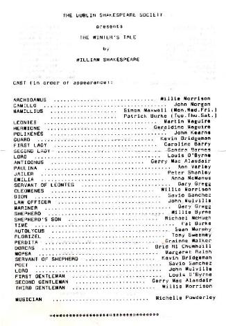 Cast from the 1989 performance of A Winter's Tale