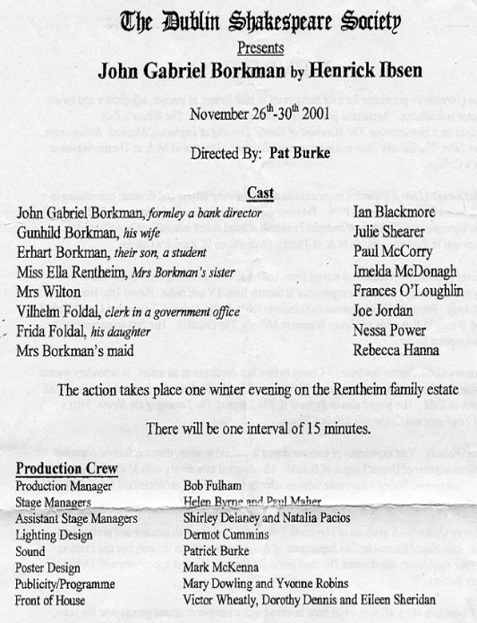 Programme details from the 2001 performance of Borkman