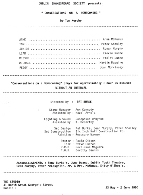 Cast and crew details from the 1990 performance of Conversations on a Homecoming
