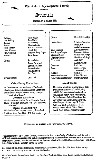 Programme details from the 1992 performance of Dracula