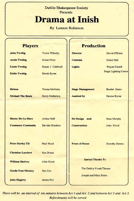 Programme details from the 1991 performance of drama at inish