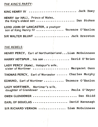 Cast list from the 1976 performance of Henry IV