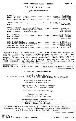 Programme from the 1990 performance of Henry VIII