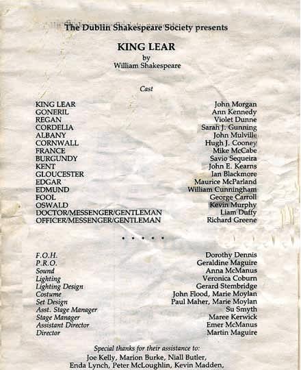Programme from the 1989 performance of King Lear