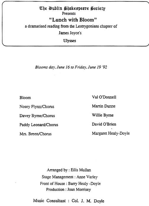 Programme details from the 1992 performance of lunch with bloom