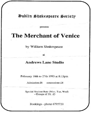 Programme details from the 1993 performance of merchant of venice