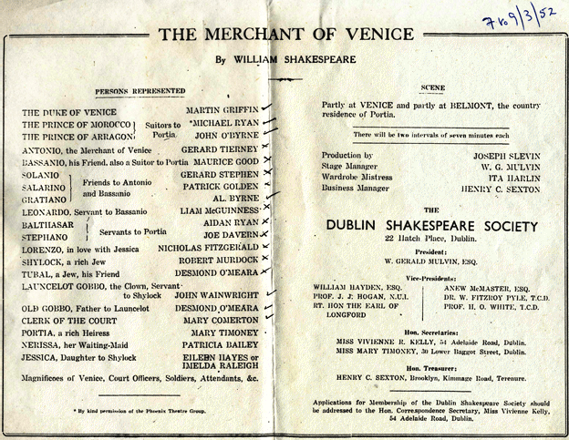 Programme from the 1953 performance of The Merchant of Venice