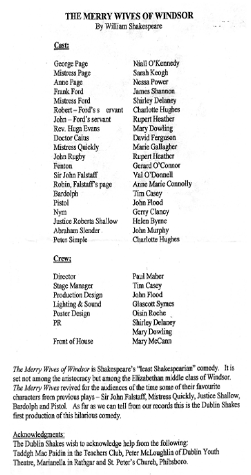 Programme details from the 2003 performance of the merry wives of windsor