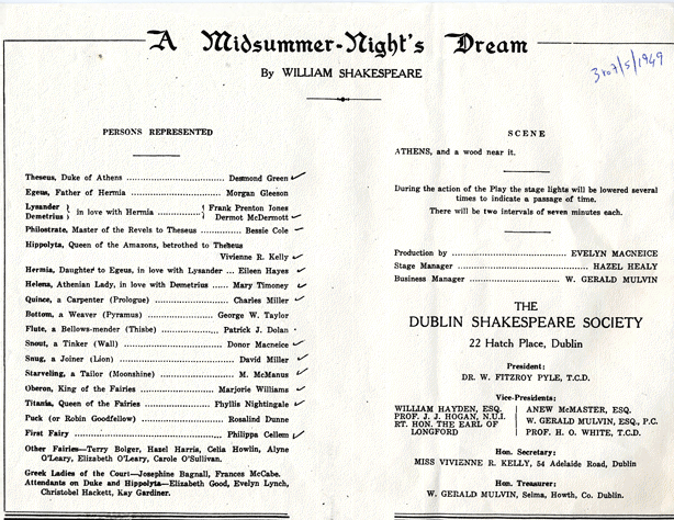 Programme from the 1949 performance of  a Midsummer Night's Dream