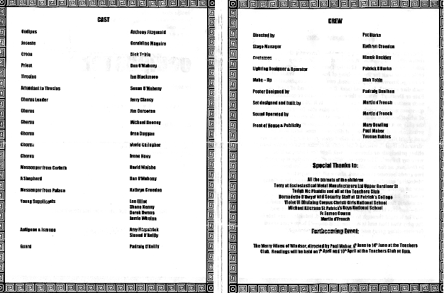 Programme details from the 2003 performance of oedipus rex
