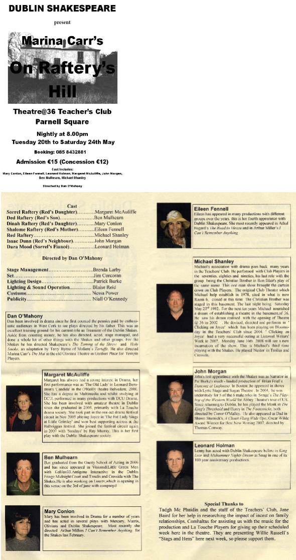 Programme details from the 2008 performance of on rafterys hill