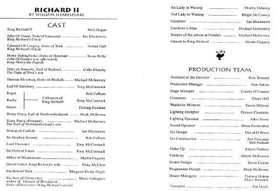 Programme details from the 1996 performance of Richard II