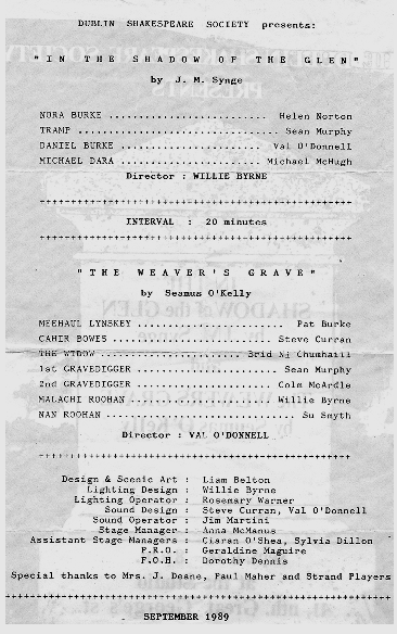 Programme from the 1989 performance of Shadow of the Glen