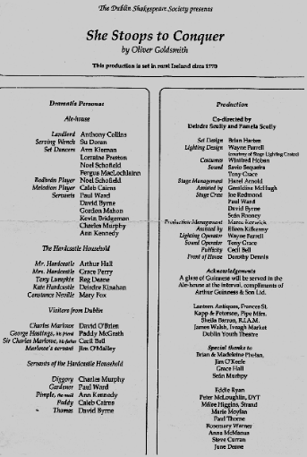Programme from the 1991 performance of She Stoops to Conquer