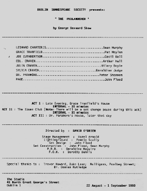 Programme details from the 1990 performance of the philanderer