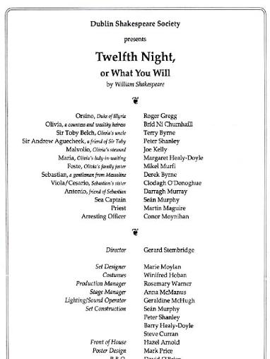 Programme details from the 1990 performance of twelfth night