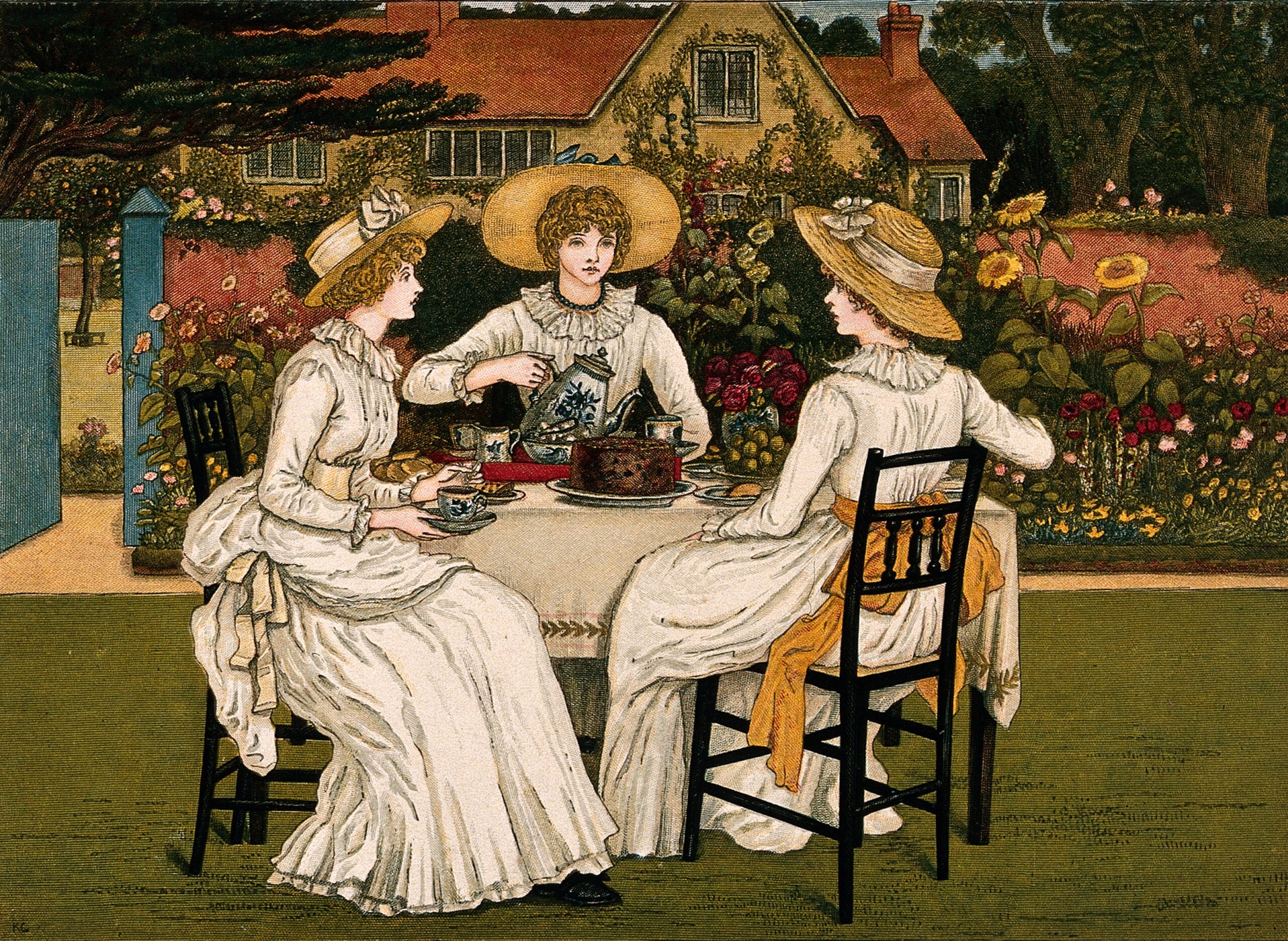 Dublin Shakespeare Society Three young woman are sitting at table in a garden having